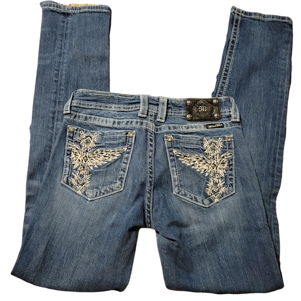 Miss Me Skinny Med Wash Straight Leg Fancy Pocket Jeans Size 30